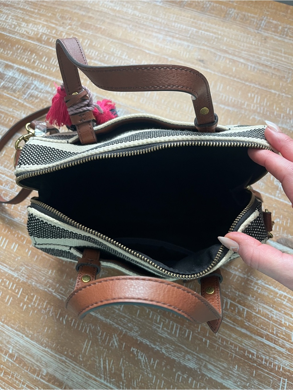 Fossil Black & Cream Striped Crossbody with Multicolor Tassel - Picture 5 of 6